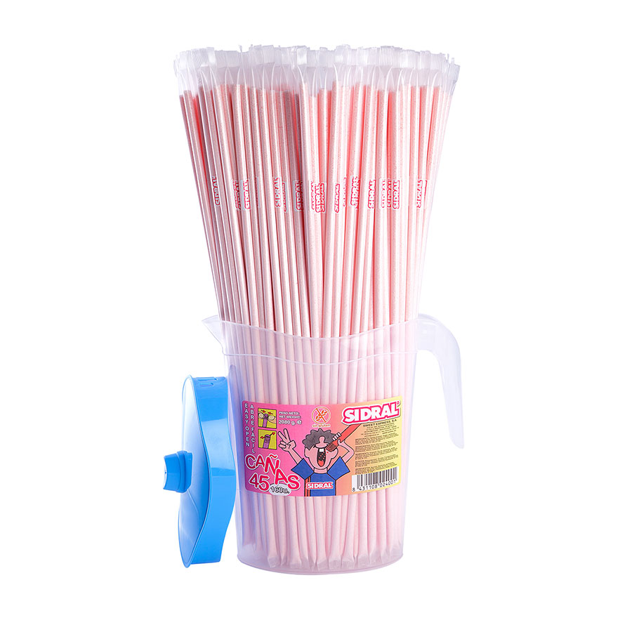 Paille en plastique de 45cm rempli de poudre Sidral saveur fraise.